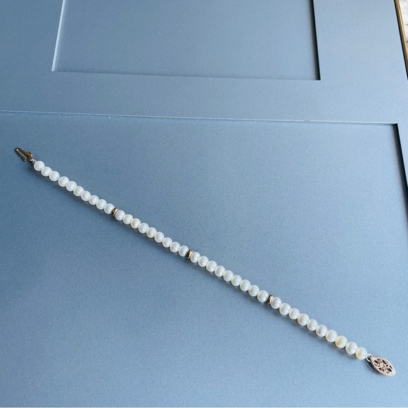 Vintage 14k Gold Natural White Pearl 5mm Beaded Strand Bracelet 7” - Picture 2 of 7